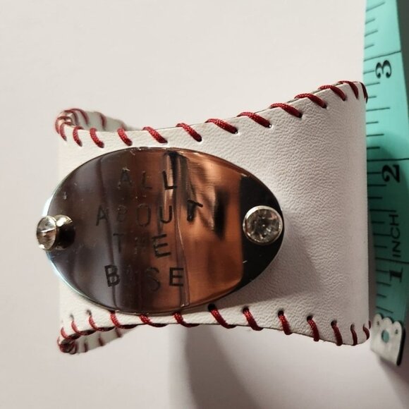 White Baseball Cuff Bracelet With "All About The Base" Metal Plate Red Stitching - Picture 4 of 5